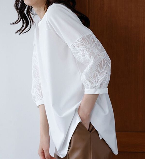 RANAN（ラナン）の「機能付！袖レース切替ロング丈カットソー（チュニック）」｜詳細画像