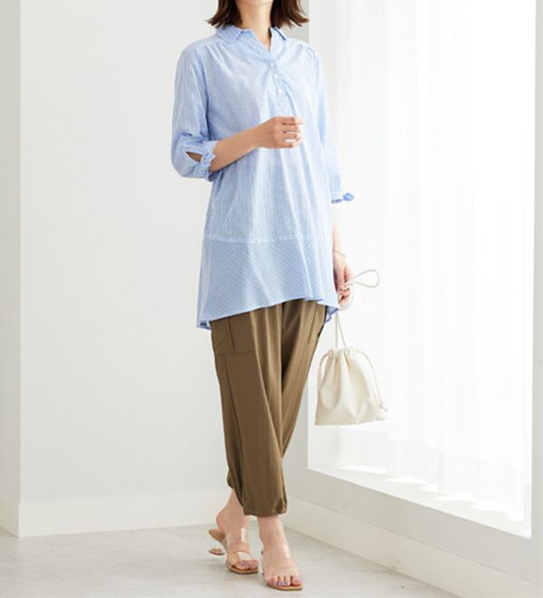 BELLUNA（ベルーナ）の「綿１００％ストライプ袖リボンチュニック（チュニック）」｜詳細画像