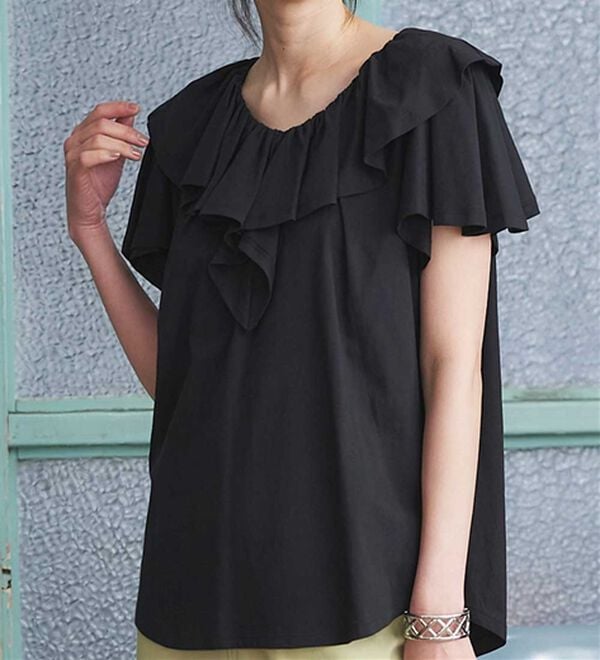 RANAN（ラナン）の「ひんやり！綿１００％フリル衿カットソープルオーバー（カットソー）」｜詳細画像