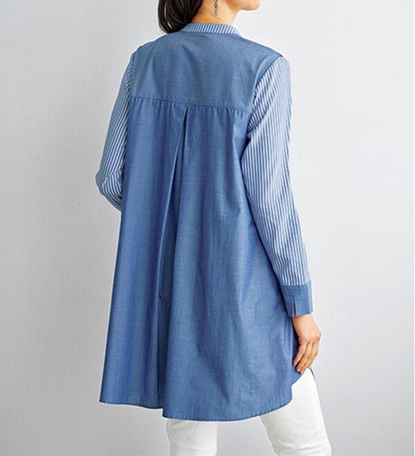BELLUNA（ベルーナ）の「ストライプ&times;異素材切替シャツチュニック（チュニック）」｜詳細画像