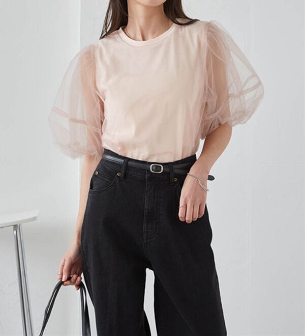 RANAN（ラナン）の「【ひんやり】チュールレイヤードパフスリーブTシャツ（カットソー）」｜詳細画像