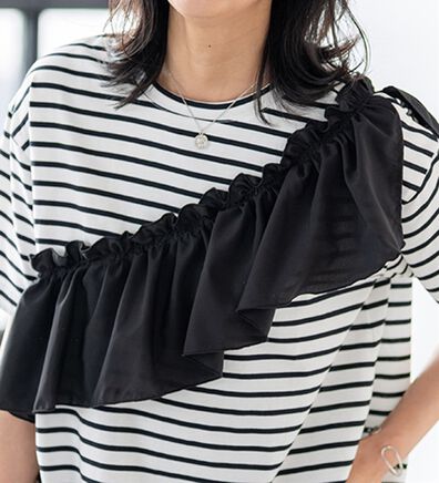 BELLUNA（ベルーナ）の「UVカット！フリル異素材切替プルオーバー（Tシャツ）」