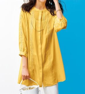 BELLUNA（ベルーナ）の「シアー素材マーガレットレース使いチュニック（チュニック）」｜オレンジ