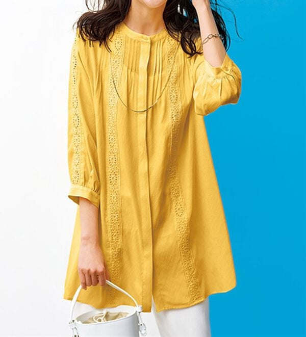 BELLUNA（ベルーナ）の「シアー素材マーガレットレース使いチュニック（チュニック）」｜オレンジ