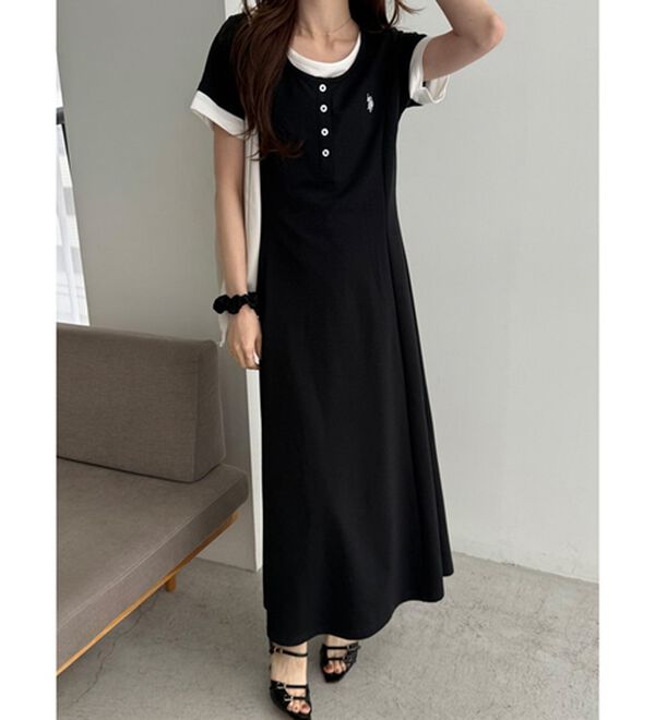 GeeRA（ジーラ）の「【ＵＳ．ＰＯＬＯ．ＡＳＳＮ】レイヤード風ヘンリーネック半袖ワンピース（カットソーワンピース）」｜詳細画像