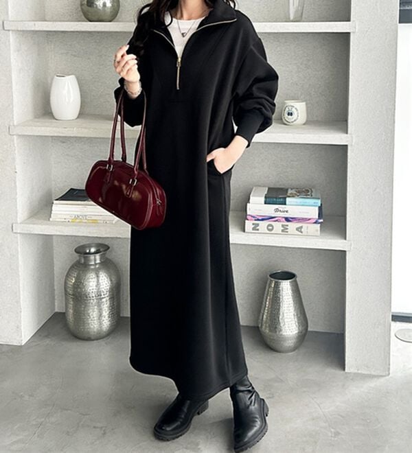 GeeRA（ジーラ）の「ハーフジップハイネック裏起毛ワンピース（カットソーワンピース）」｜詳細画像