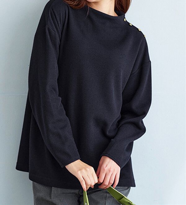 BELLUNA（ベルーナ）の「ニット見え素材肩ボタンプルオーバー（カットソー）」｜ネイビー