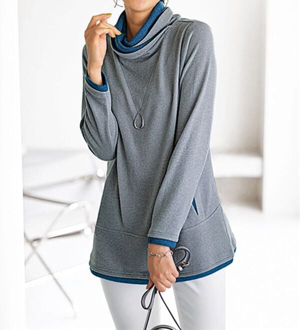 BELLUNA（ベルーナ）の「衿デザイン配色チュニック（チュニック）」｜杢グレー／ブルー