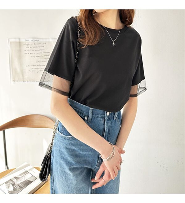 GeeRA（ジーラ）の「綿１００％袖シアー切替シルケットＴシャツ（Tシャツ）」｜詳細画像