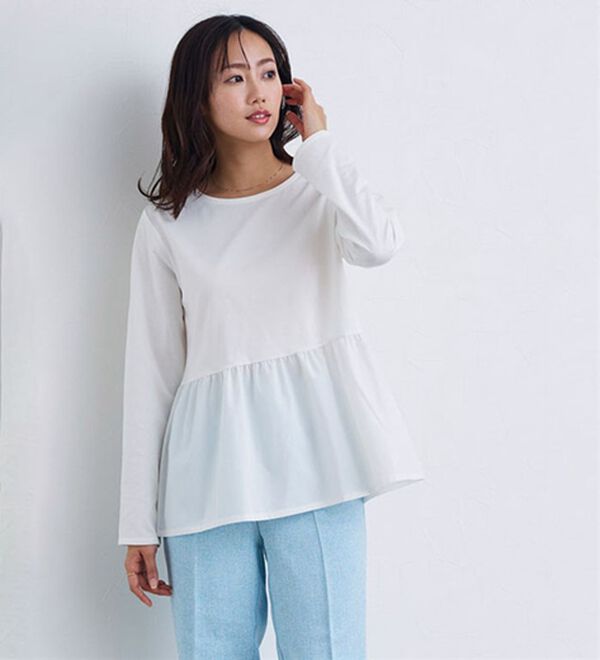 Pierrot（ピエロ）の「異素材ドッキングフリルギャザーペプラムカットソー（カットソー）」｜詳細画像