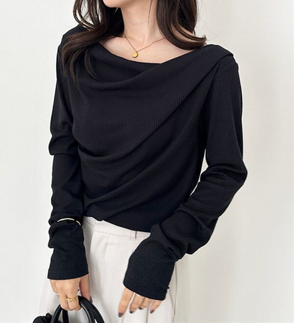 RANAN（ラナン）の「【春色追加】上品ドレープリブロングＴシャツ（カットソー）」｜詳細画像