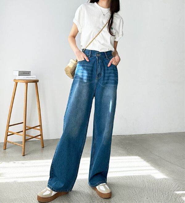 GeeRA（ジーラ）の「美脚見え！２ボタンウエストワイドデニムパンツ（フルレングスパンツ）」｜詳細画像