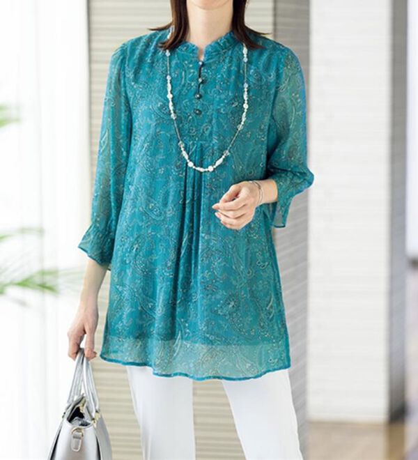 ルフラン（ルフラン）の「シルク１００％衿フリルチュニック（ブラウス）」｜ターコイズ系