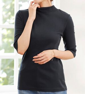 LAVIENNE（ラヴィエンヌ）の「【UVカット】綿１００％ハイネックプルオーバー（５分袖）＜カラフルコットン＞（肌着・インナーウェア）」｜ブラック