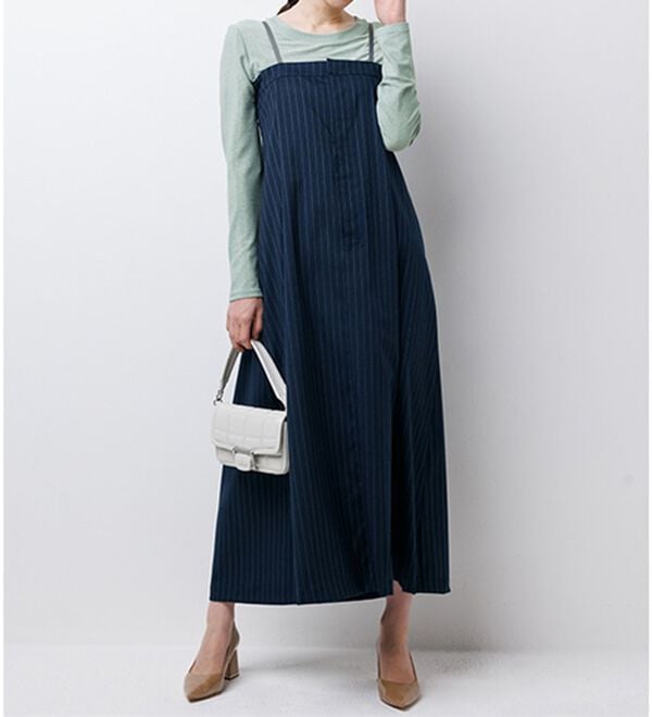 RANAN（ラナン）の「異素材デザインキャミワンピ（その他ワンピース）」｜ネイビーストライプ／グレー