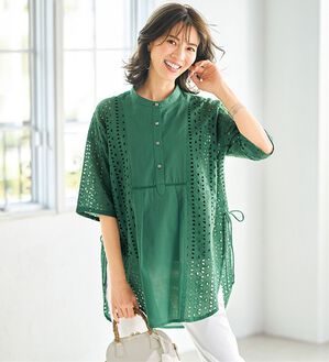 BELLUNA（ベルーナ）の「おしゃれに体型隠しレース切替チュニック（チュニック）」｜グリーン