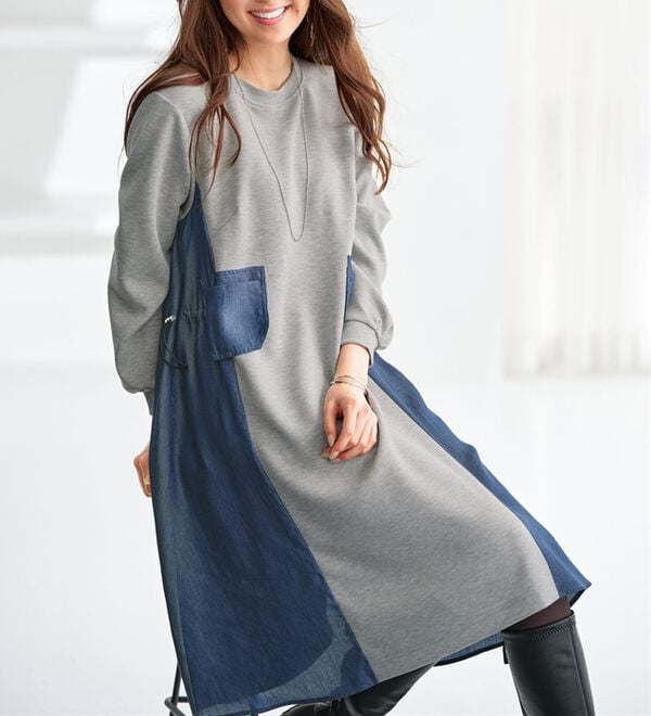 BELLUNA（ベルーナ）の「デニム切替ポケットデザインワンピース（カットソーワンピース）」｜詳細画像