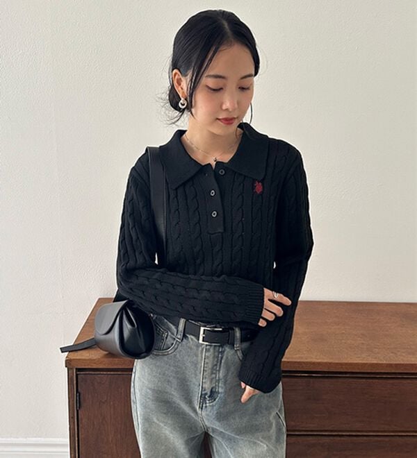RANAN（ラナン）の「＜Ｕ．Ｓ．Ｐ＞刺繍長袖ケーブルポロニット（ニット・セーター）」｜詳細画像