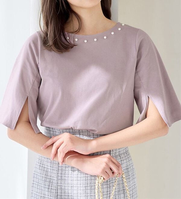 alotta（アロッタ）の「【接触冷感】綿１００％パール調デザインＴシャツ　さらひやりコットン（Tシャツ）」｜ラベンダー