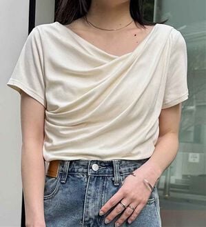 RANAN（ラナン）の「【ひんやり/UV対策】上品ドレープリブTシャツ（カットソー）」｜オフホワイト