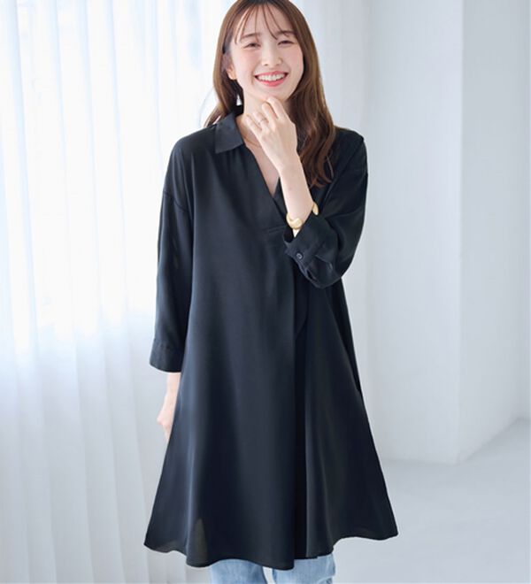 alotta（アロッタ）の「衿付きスキッパーとろみチュニックワンピース（チュニックワンピース）」｜ネイビー