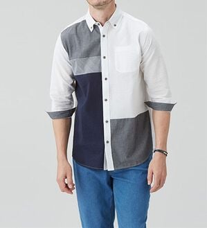 「＜ザ　ショップ　ティーケー＞異素材使いシアサッカー７分袖シャツ（メンズシャツ）」｜ホワイト