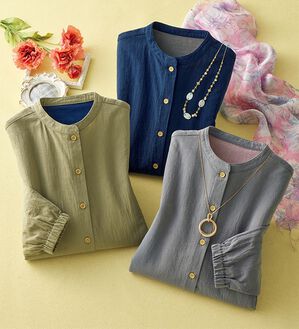 ルフラン（ルフラン）の「【３色組】綿１００％ワッシャー加工のおうちシャツ（パジャマ・ルームウェア）」｜詳細画像