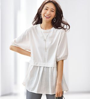 BELLUNA（ベルーナ）の「ギャザー使い異素材切替ふんわりチュニック（チュニック）」｜オフ白