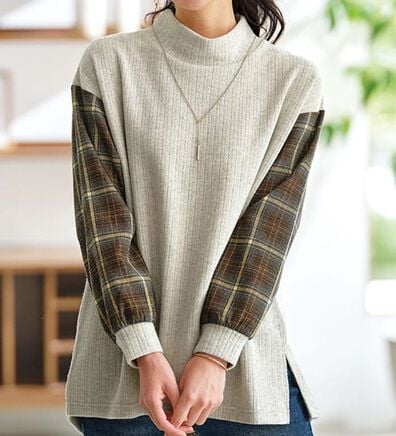 BELLUNA（ベルーナ）の「袖チェック切替デザインプルオーバー（カットソー）」
