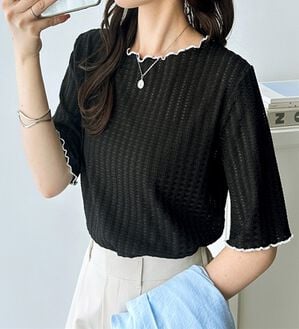 GeeRA（ジーラ）の「配色メロー５分袖表面感カットソー（カットソー）」｜ブラック