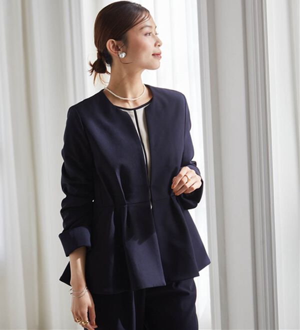 RANAN（ラナン）の「【２点セット】防シワ！ノーカラーペプラムパンツスーツ（パンツスーツ）」｜詳細画像