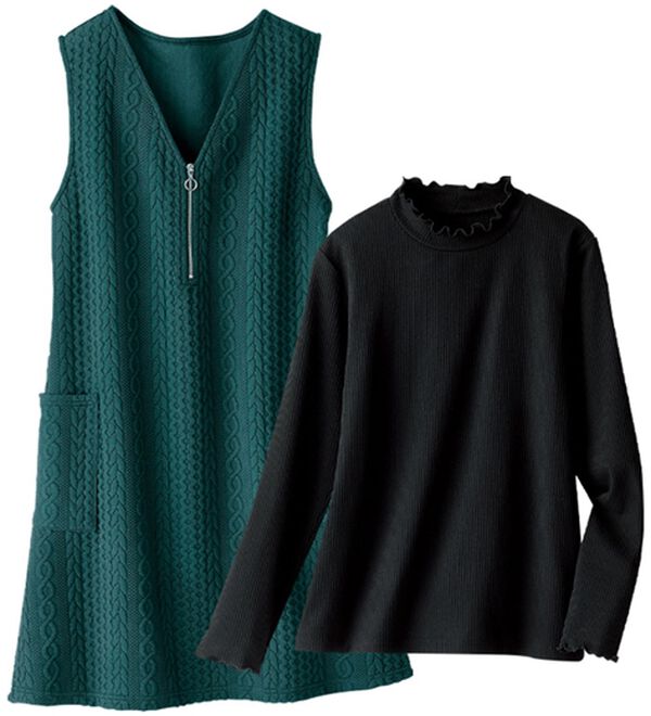 BELLUNA（ベルーナ）の「【フリル衿リブプルオーバー付】ジップ使いジャンパースカート（ジャンパースカート）」｜詳細画像