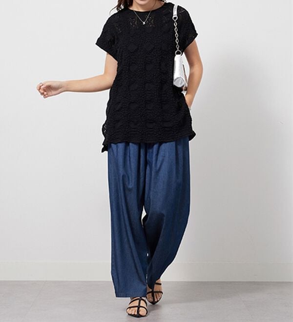 GeeRA（ジーラ）の「【接触冷感】穿いて感激！キレイ見えする楽ちんワイドデニムパンツ（ワイドパンツ・ガウチョ）」｜詳細画像