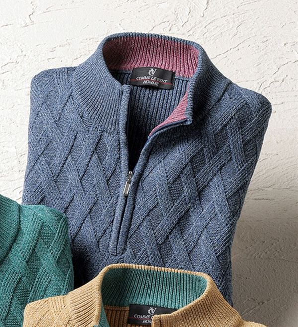 「＜コムルヴァン・オム＞気軽におしゃれ杢調ハーフジップセーター（メンズニット・セーター）」｜ネイビー