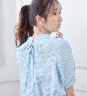 alotta（アロッタ）の「ギンガムチェックパフ袖ブラウス（ブラウス）」｜ブルー