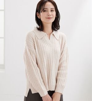 BELLUNA（ベルーナ）の「スキッパー衿編地変化ニットプルオーバー（ニット・セーター）」｜ピンクベージュ