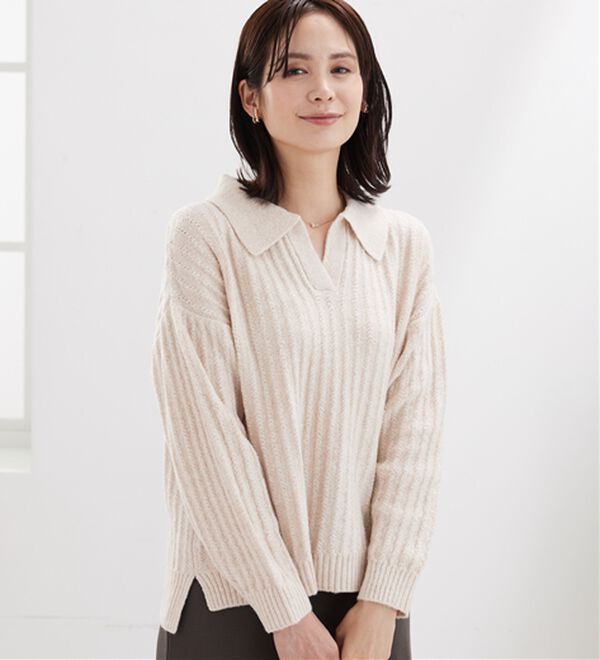 BELLUNA（ベルーナ）の「スキッパー衿編地変化ニットプルオーバー（ニット・セーター）」｜ピンクベージュ
