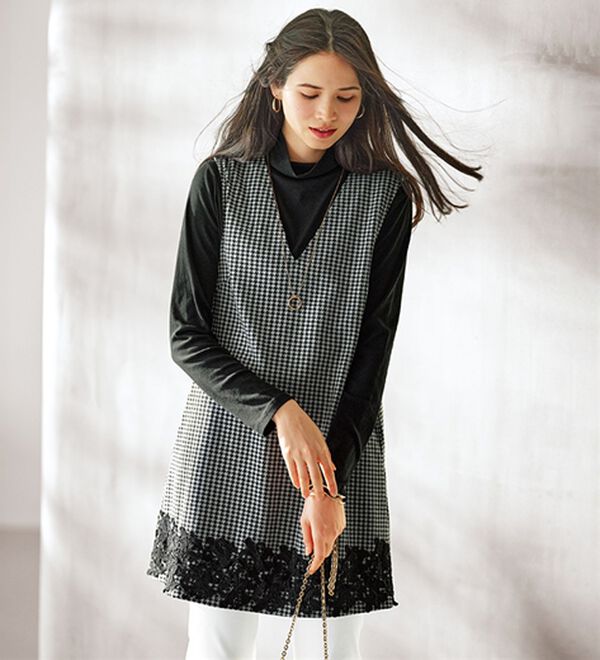 BELLUNA（ベルーナ）の「【Ｌａｇｒｉｌｕａ】裾レース千鳥柄ジャンパースカート（ジャンパースカート）」｜黒系