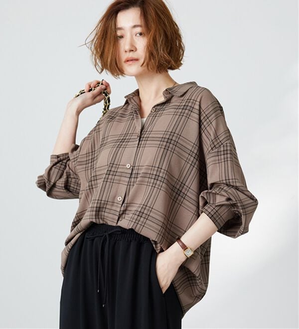 BELLUNA（ベルーナ）の「シアージョーゼット素材チェック柄シャツ（シャツ）」｜詳細画像