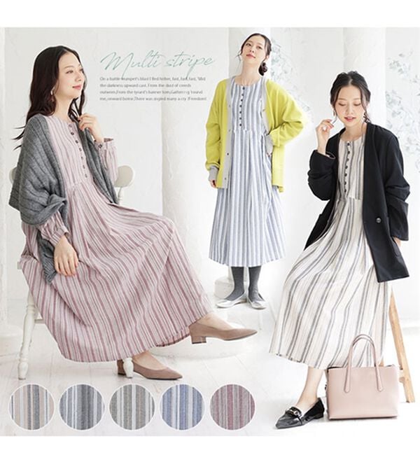 A HAPPY MARILYN（アハッピーマリリン）の「【Ｌ～６Ｌ】綿１００％さらりリラックス ゆったりシルエットのスッキリ柄 ストライプ マルチストライプコットンワンピ（ロングワンピース）」｜詳細画像