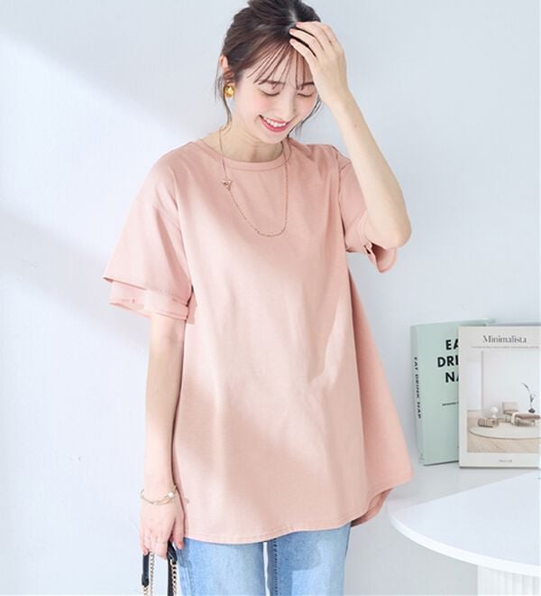 alotta（アロッタ）の「【接触冷感】＜丈が選べる＞袖口シフォンＴシャツ／チュニック（カットソー）」｜ピンク／チュニック丈