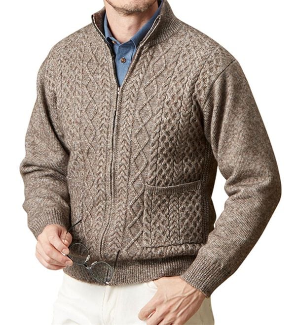 「編地の表情にこだわる裏ボアフルジップニット（メンズニット・セーター）」｜杢ベージュ