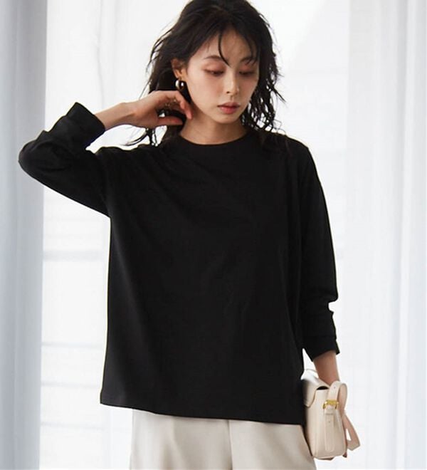 RANAN（ラナン）の「【選べる袖丈】ひんやり！＜BC＞綿100％プチハイネックＴシャツ（カットソー）」｜ブラック（長袖）