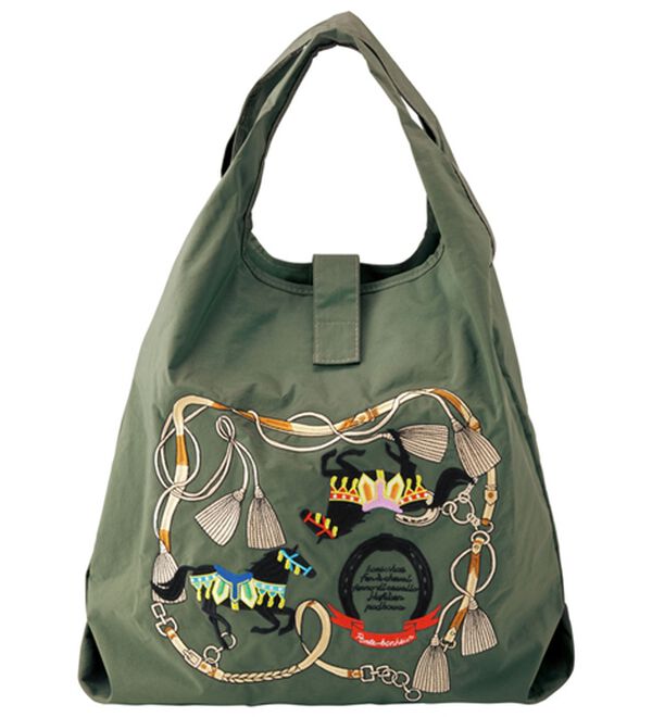 「折りたためるホース刺繍バッグ（トートバッグ）」｜カーキ
