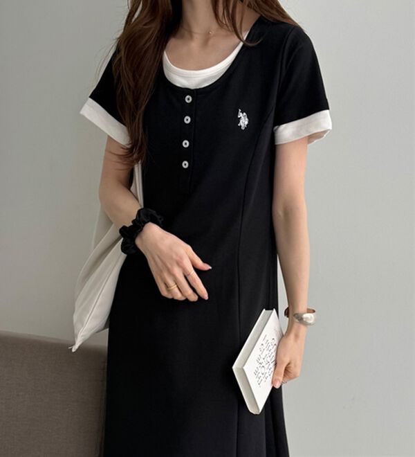 GeeRA（ジーラ）の「【ＵＳ．ＰＯＬＯ．ＡＳＳＮ】レイヤード風ヘンリーネック半袖ワンピース（カットソーワンピース）」｜詳細画像