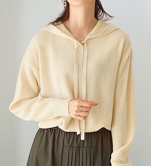 BELLUNA（ベルーナ）の「ゆるっと大人カジュアルあぜ編ニットフーディー（ニット・セーター）」｜アイボリー