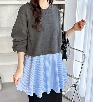 GeeRA（ジーラ）の「レイヤード風ペプラムスウェット（カットソー）」｜杢チャコール系