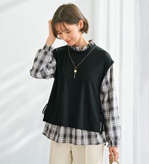 BELLUNA（ベルーナ）の「袖チェック切替デザインプルオーバー（カットソー）」｜黒系