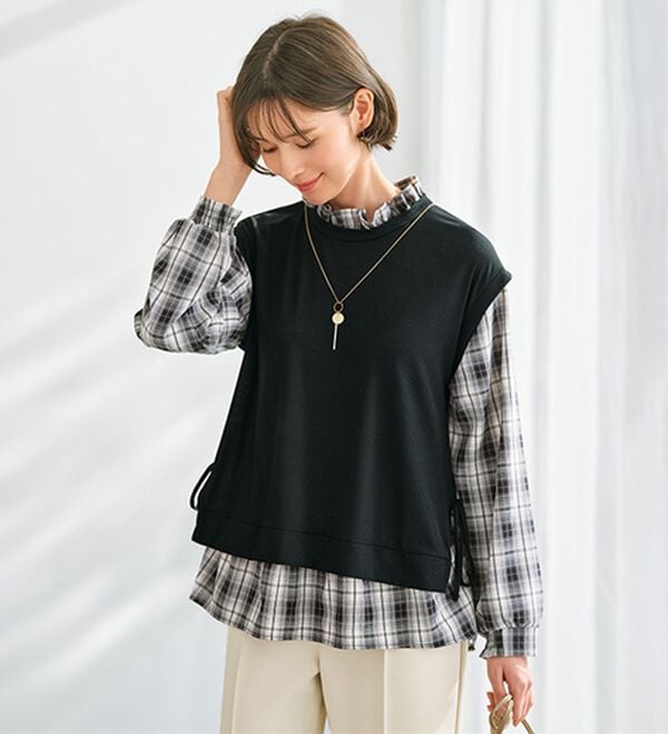 BELLUNA（ベルーナ）の「袖チェック切替デザインプルオーバー（カットソー）」｜黒系