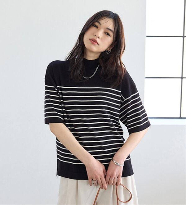 BELLUNA（ベルーナ）の「Ｔシャツが苦手な方に！ひんやり綿混ニットＴ【選べるデザイン】（ニット・セーター）」｜黒&times;白(ニットT)